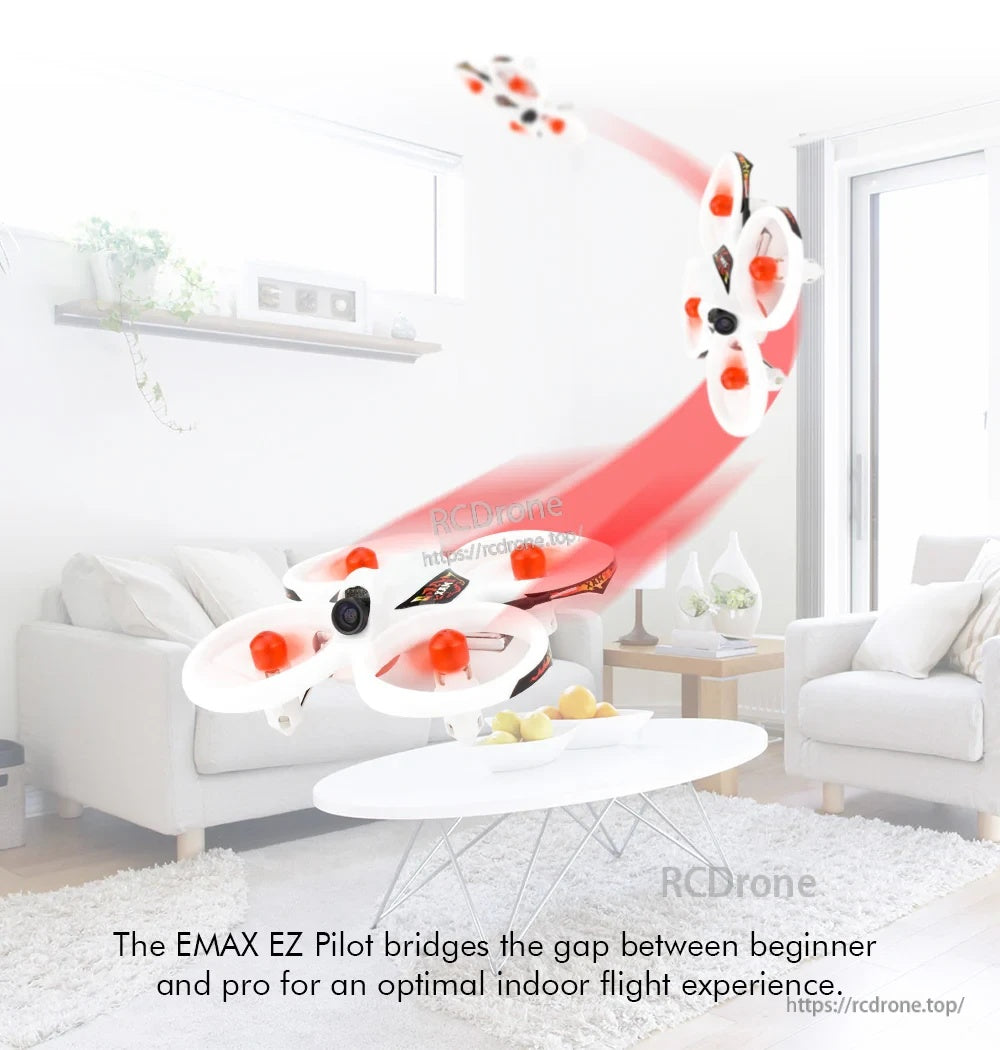 Indoor living-room flight path graphic showing the micro quad’s tight turning radius for small-space FPV sessions