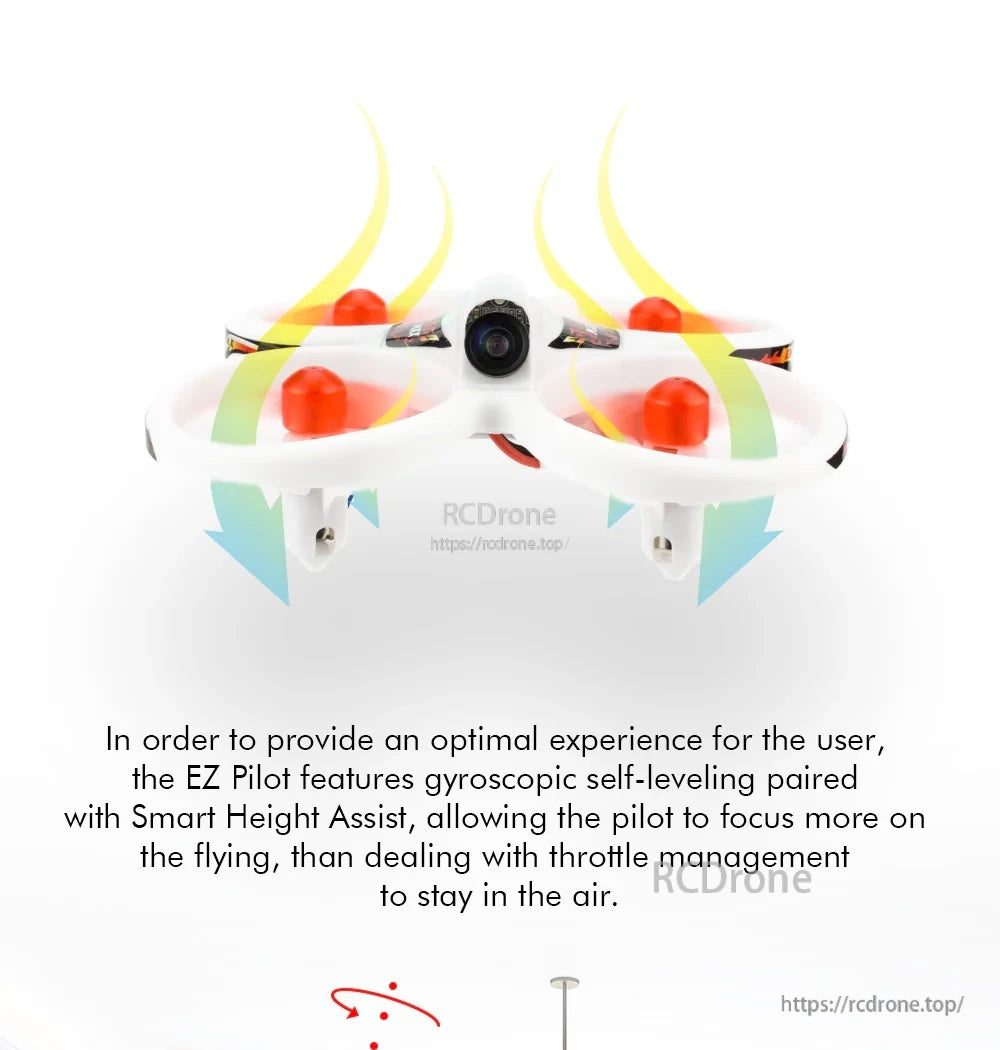 Front view of the ducted indoor quad with airflow graphics, highlighting self-leveling stability and height assist