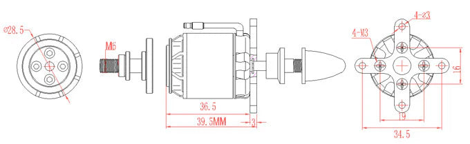 EMAX GT2218 Motor dimension and mounting drawing with Ø28.5 mm body, 4 mm shaft, and M3 mount pattern measurements