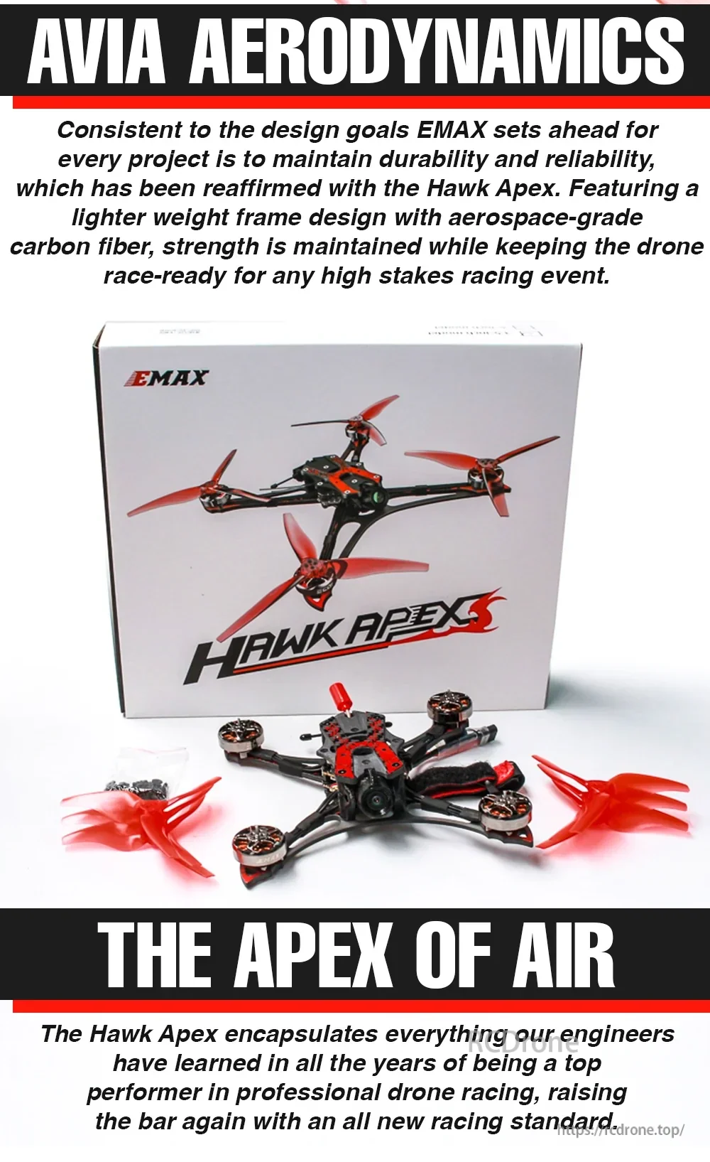 EMAX Hawk Apex 3.5inch FPV drone with retail box, highlighting Avia Aerodynamics lightweight carbon-fiber build