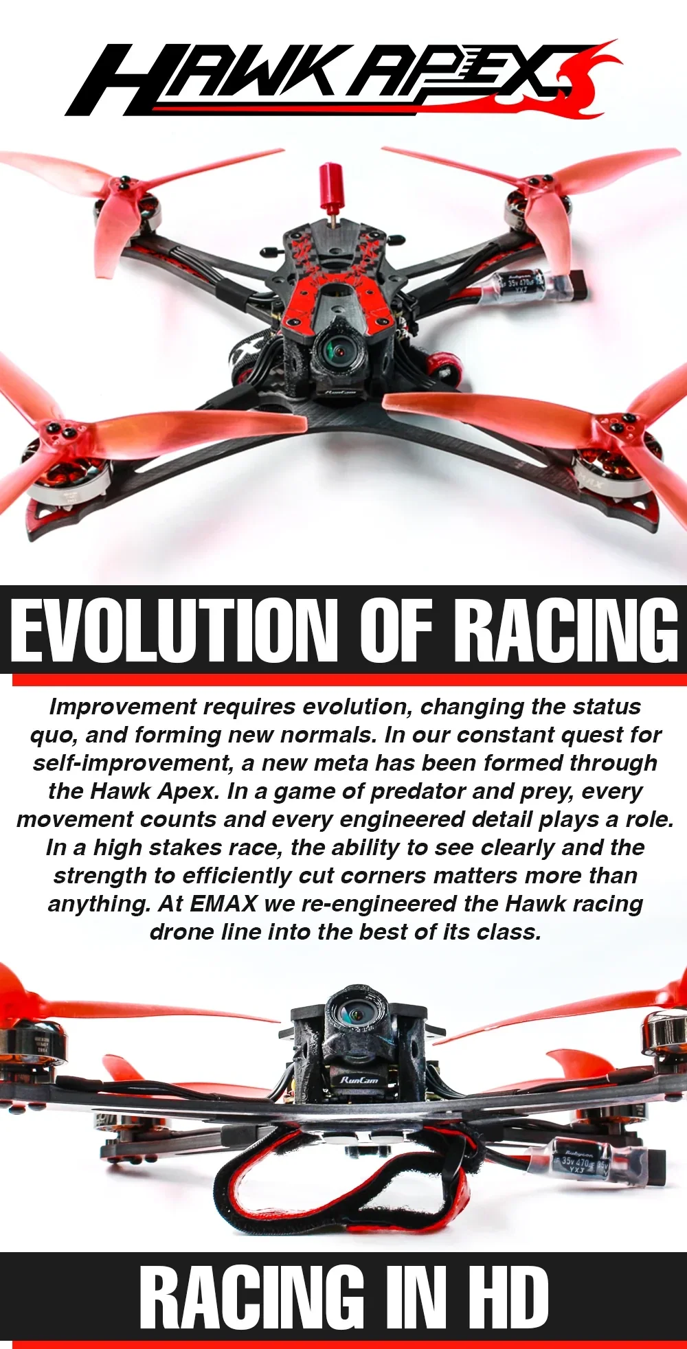 EMAX Hawk Apex 5 Inch FPV racing drone with HDZero VTX and RunCam Nano HDZero camera, top view