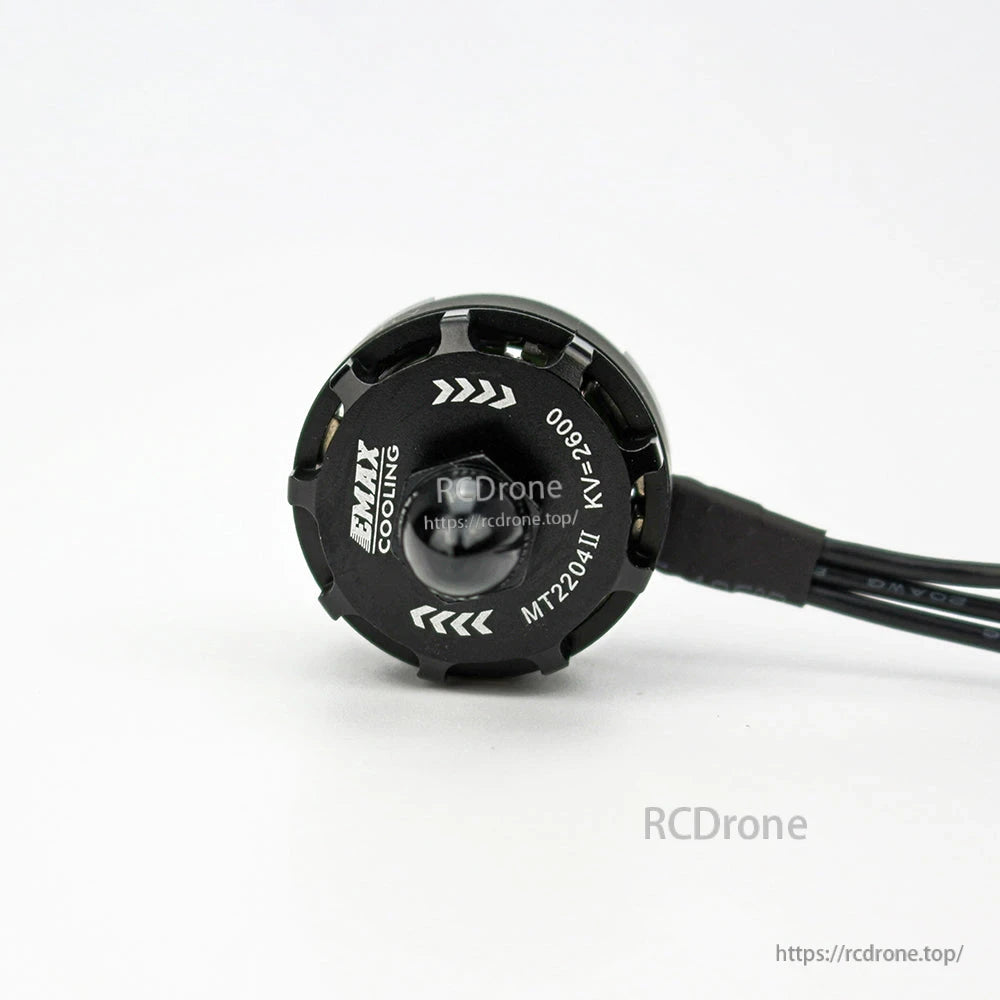 Top-down view of motor cap with MT2204II KV-2600 and cooling text, wire lead exiting housing