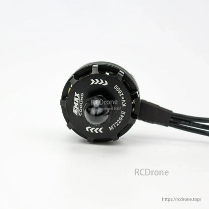 Top-down view of motor cap with MT2204II KV-2600 and cooling text, wire lead exiting housing