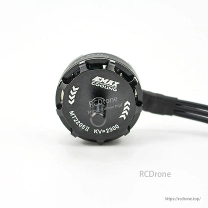 Emax MT2205II 2300KV brushless motor top cap close-up with EMAX Cooling and KV=2300 text
