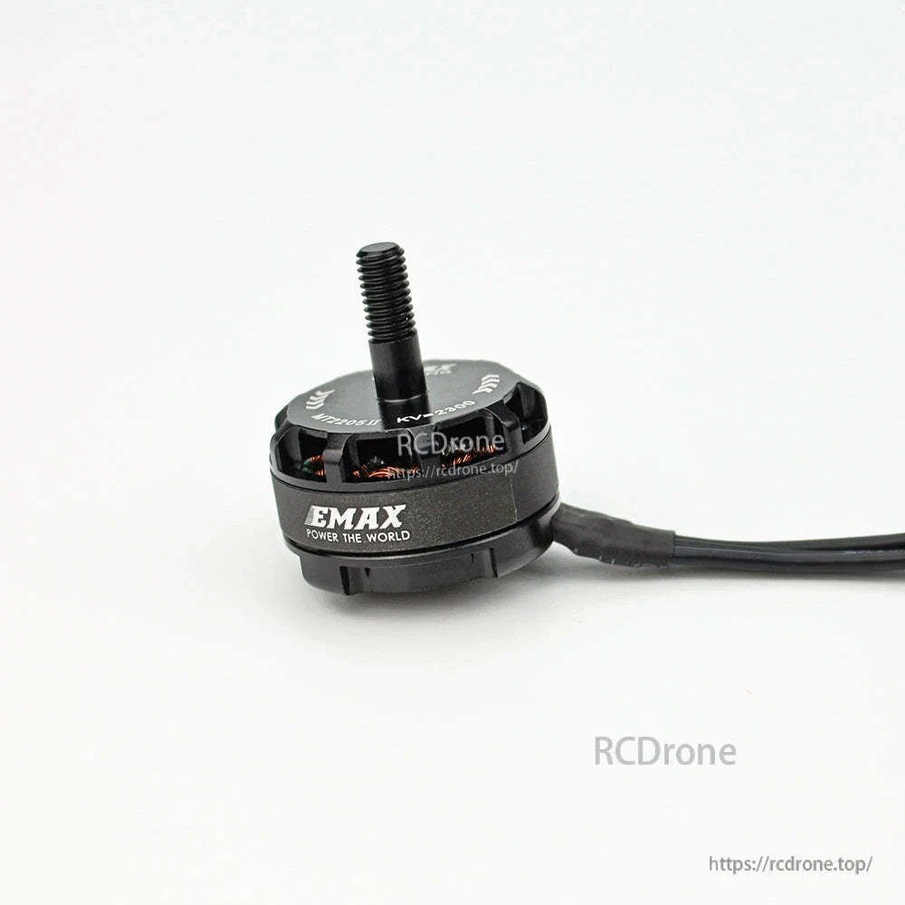 Side angle showing EMAX logo on motor can, threaded shaft, and wire exit point