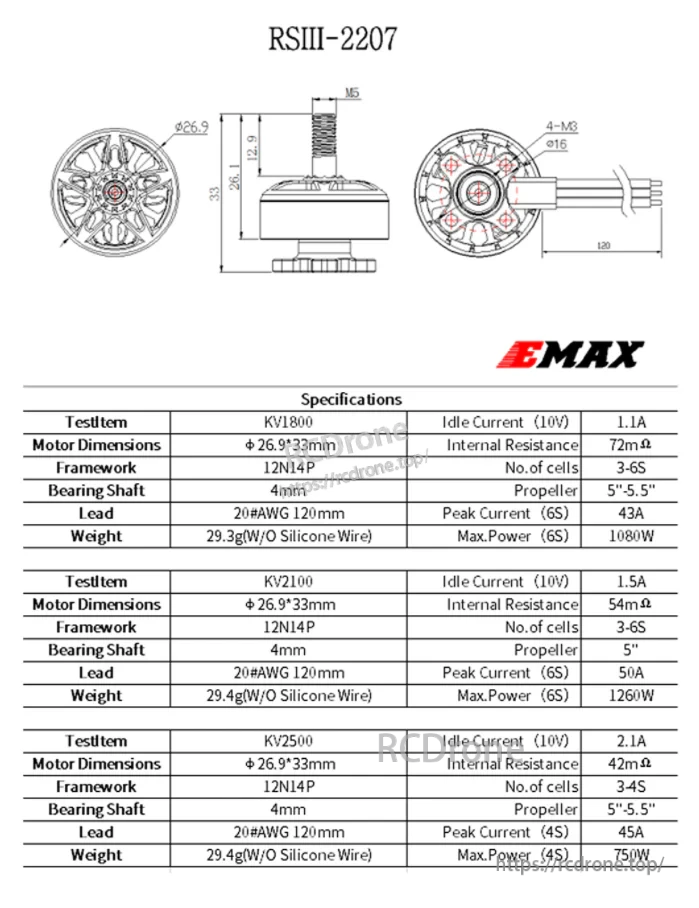 EMAX RSIII-2207 dimensions and specifications sheet with KV 1800/2100/2500, 12N14P, 4-M3 mount