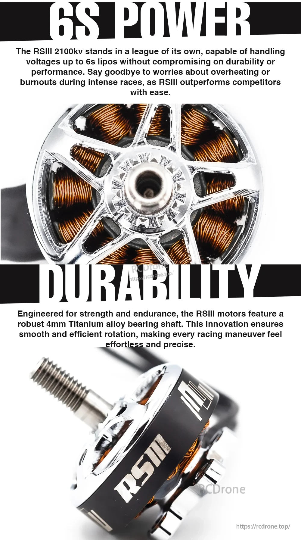 Top-down view of RSIII 2207 motor showing copper windings and reinforced 4 mm shaft assembly