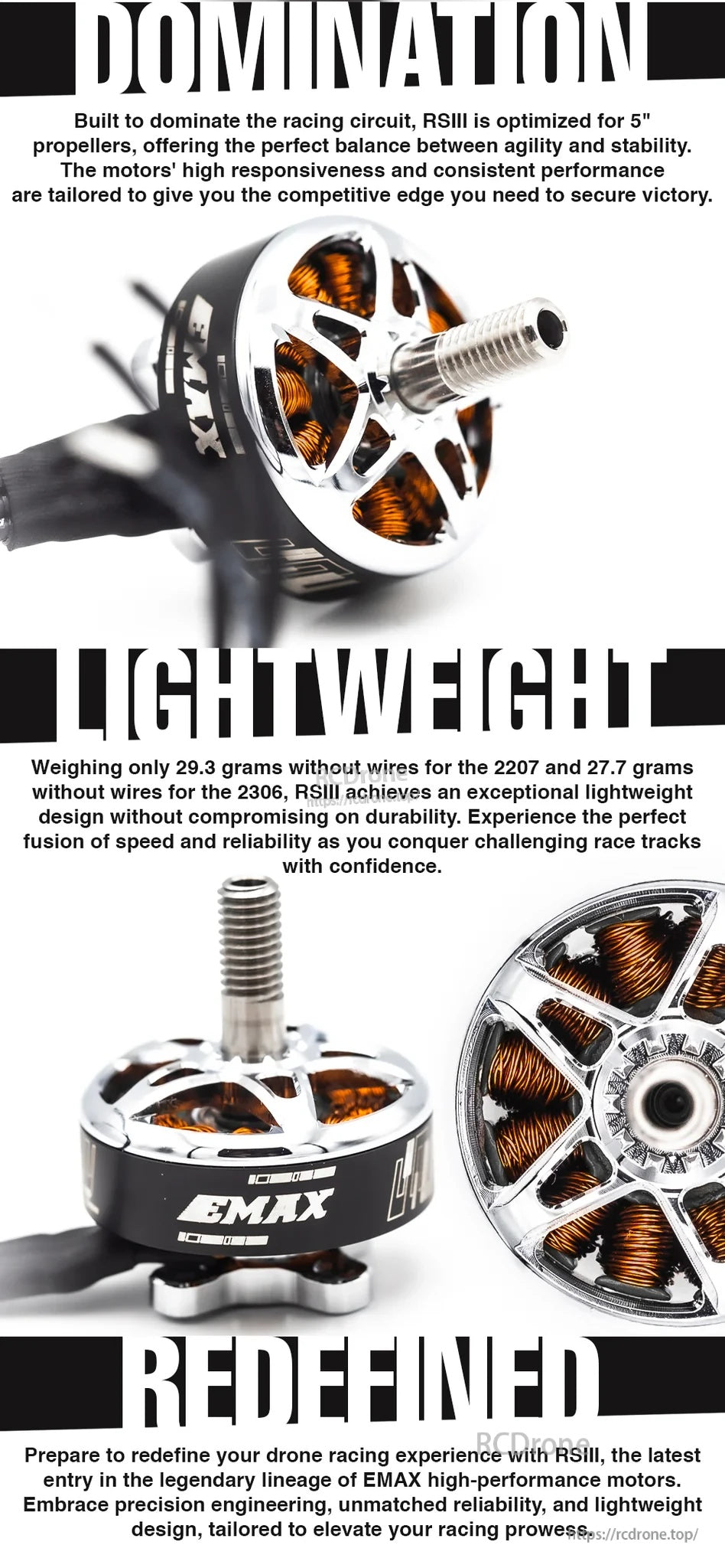 Angled RSIII 2207 motor close-up showing lightweight open bell and compact 5-inch racing form factor