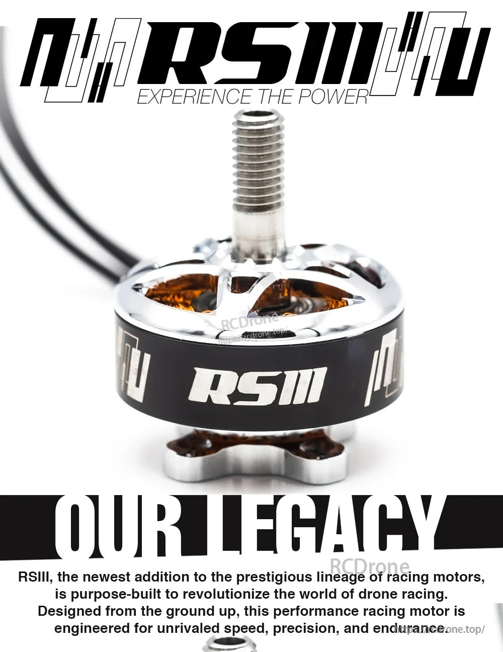 EMAX RSIII 2306 FPV racing motor with RSIII bell, silver top plate, and M5 threaded shaft