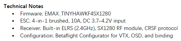 Tinyhawk Lite technical notes text: firmware, 4-in-1 brushed ESC, built-in ELRS receiver, Betaflight configuration