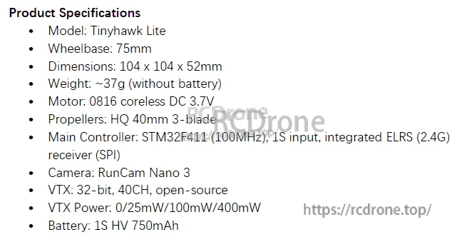 Tinyhawk Lite product specifications list: 75mm wheelbase, ~37g, 0816 motors, RunCam Nano 3, 400mW VTX, 1S 750mAh