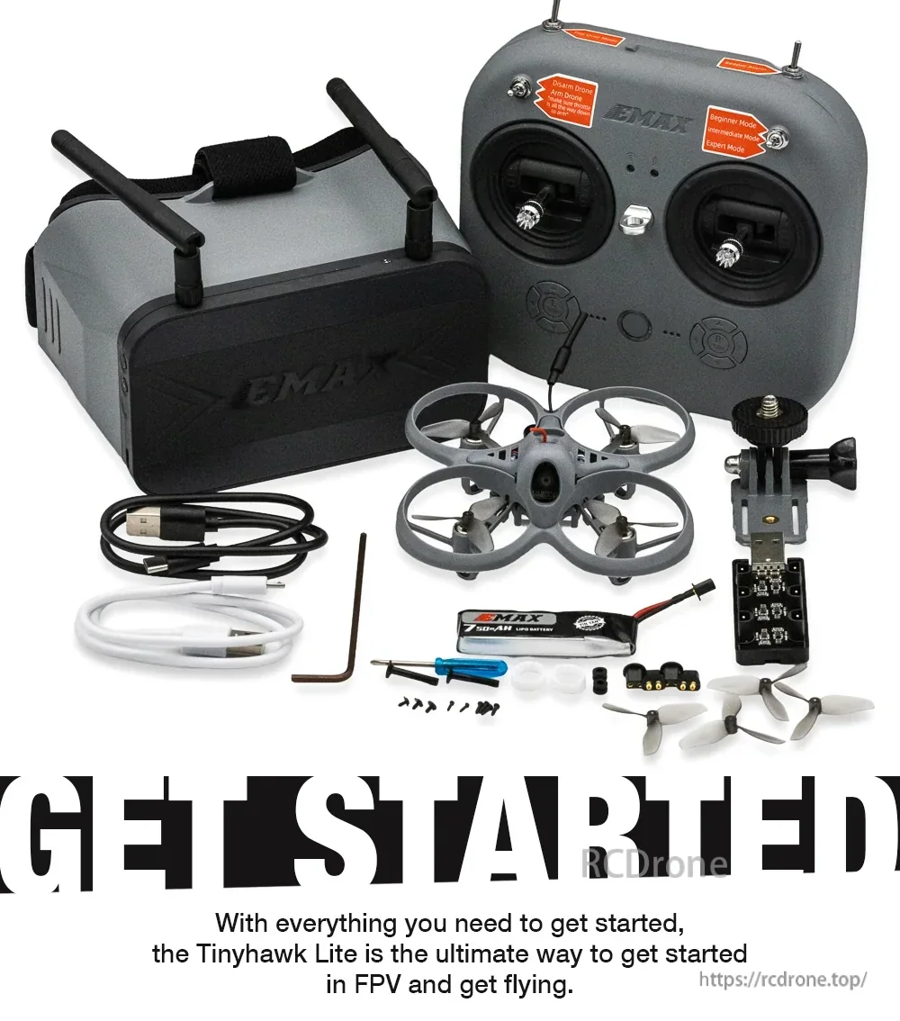Tinyhawk Lite kit contents with EMAX goggles, radio transmitter, quad, cables, tools and spare props