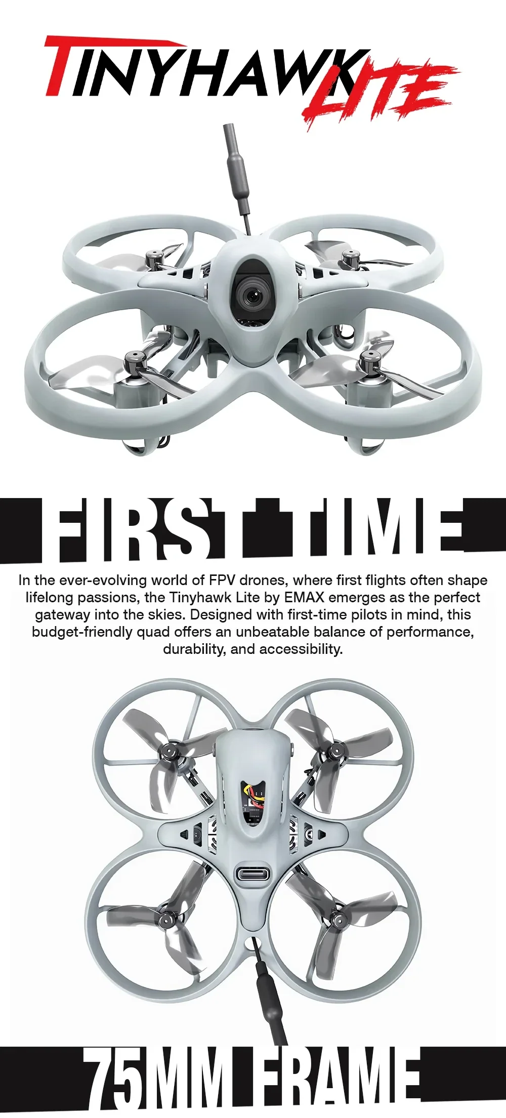EMAX Tinyhawk Lite RTF FPV micro drone with ducted 75mm frame and front FPV camera, top and front views