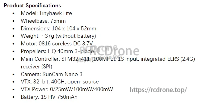 Tinyhawk Lite product specifications list: 75mm wheelbase, ~37g weight, 0816 brushed motors, RunCam Nano 3, VTX power