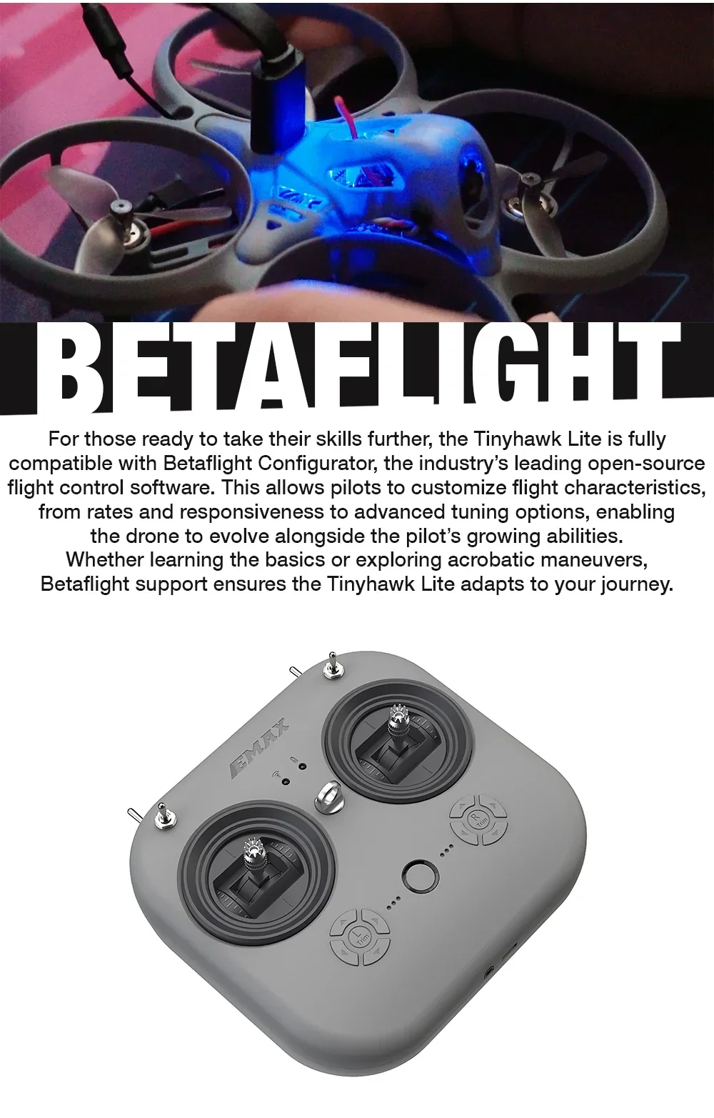 Betaflight support graphic with Tinyhawk Lite under LEDs and EMAX-style radio controller on white background