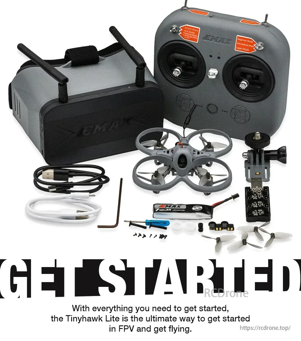Tinyhawk Lite ready-to-fly kit contents: drone, E8 ELRS transmitter, FPV goggles, battery, cables, tools, spares