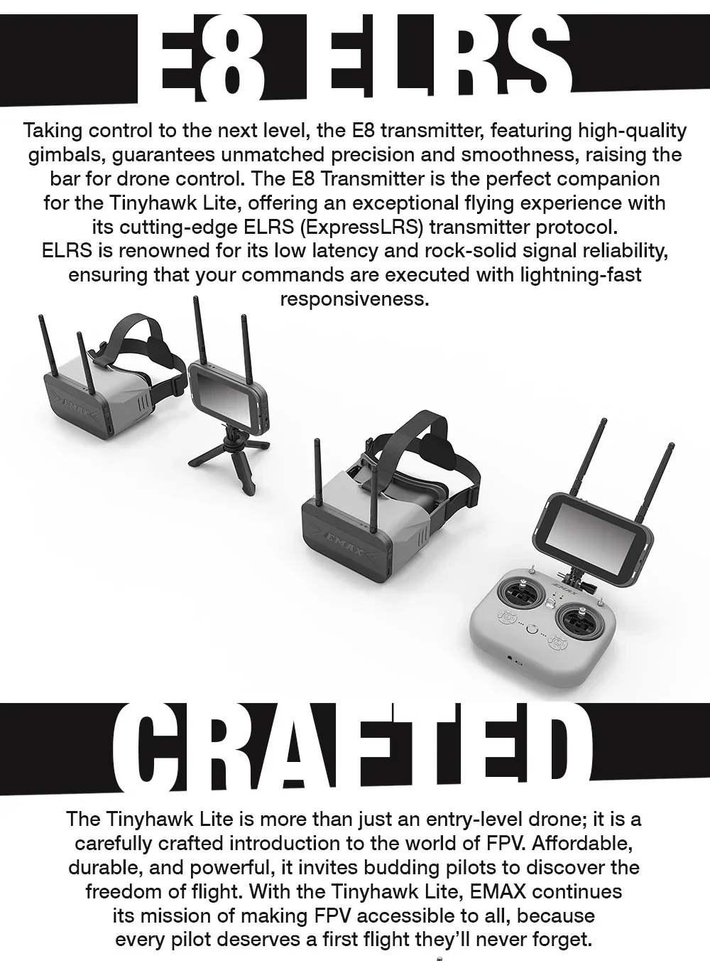 E8 ELRS transmitter and FPV goggles set with antennas, highlighting ExpressLRS 2.4GHz control link