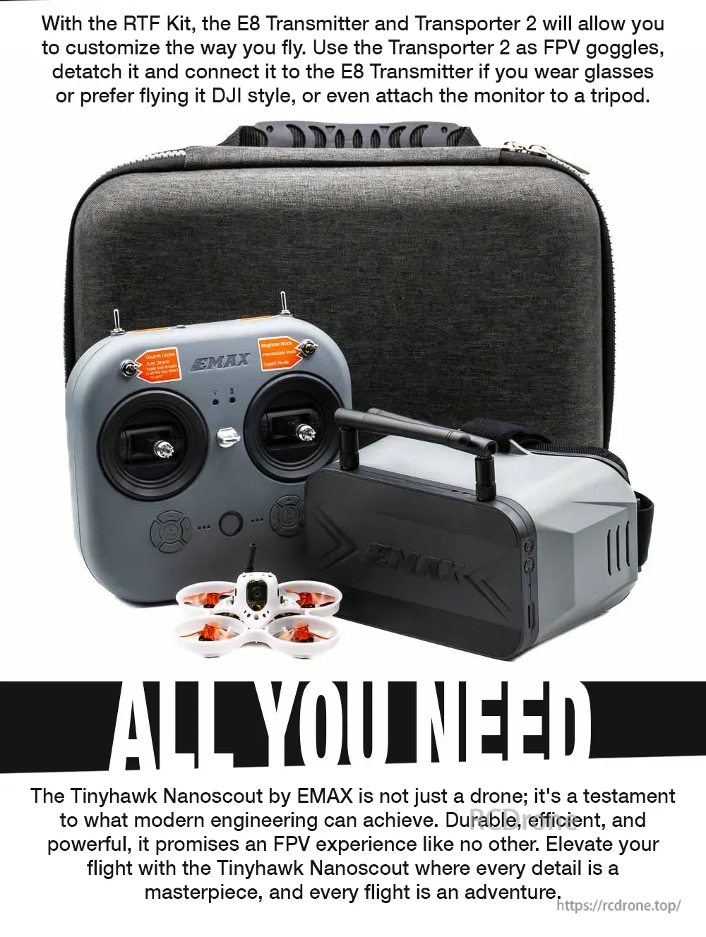 RTF kit contents with Transporter 2 FPV goggles/monitor and carrying case for the Tinyhawk Nanoscout system