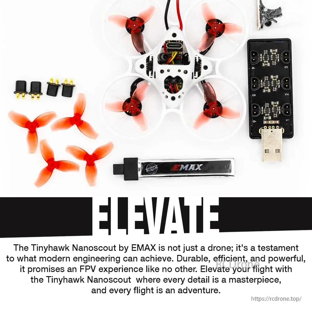 EMAX Tinyhawk Nanoscout 65mm FPV package layout with drone, spare props, USB tool and accessories