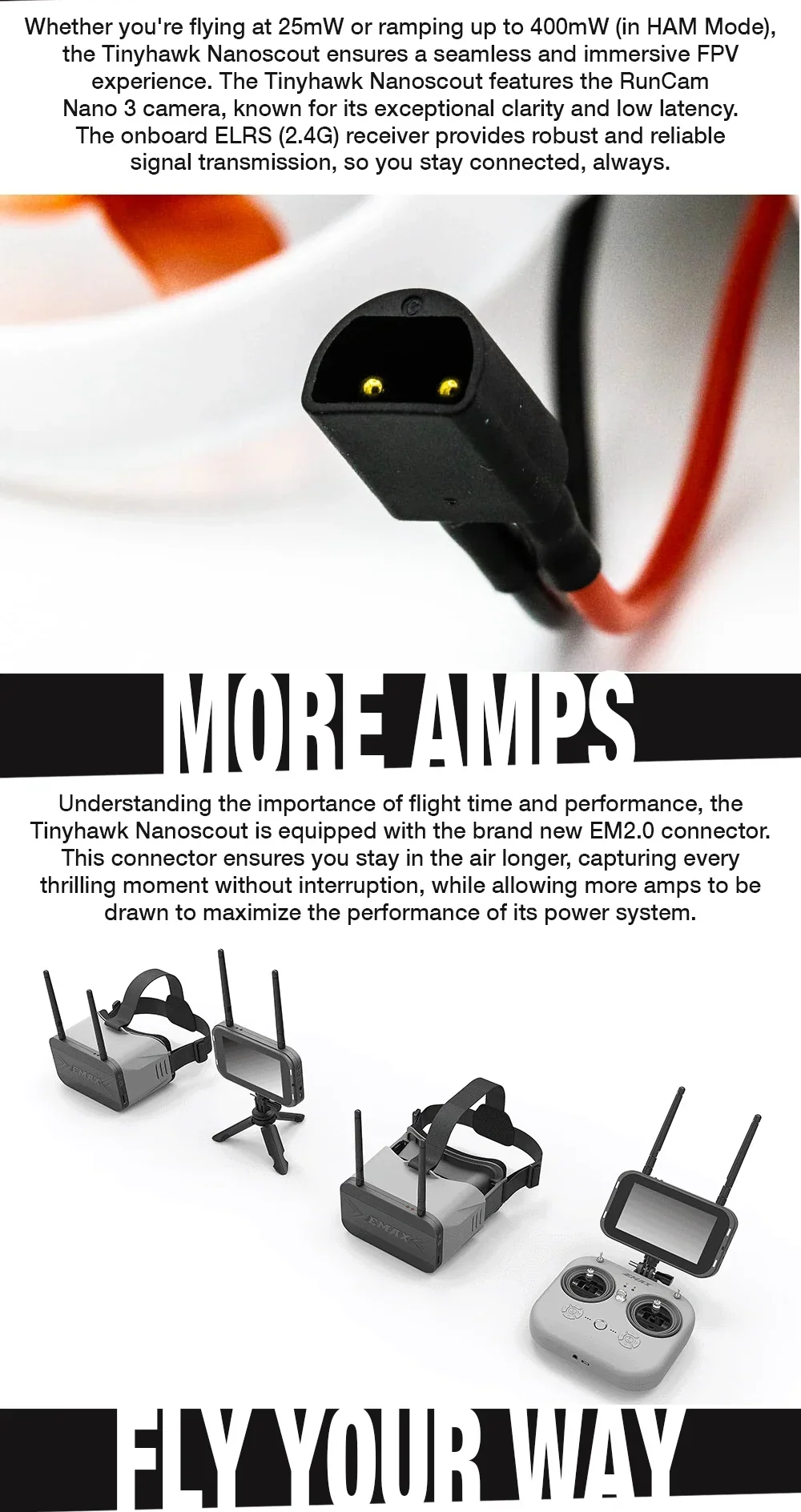 EM2.0 battery connector close-up and RTF "Fly Your Way" kit layout with E8 transmitter and Transporter 2 options