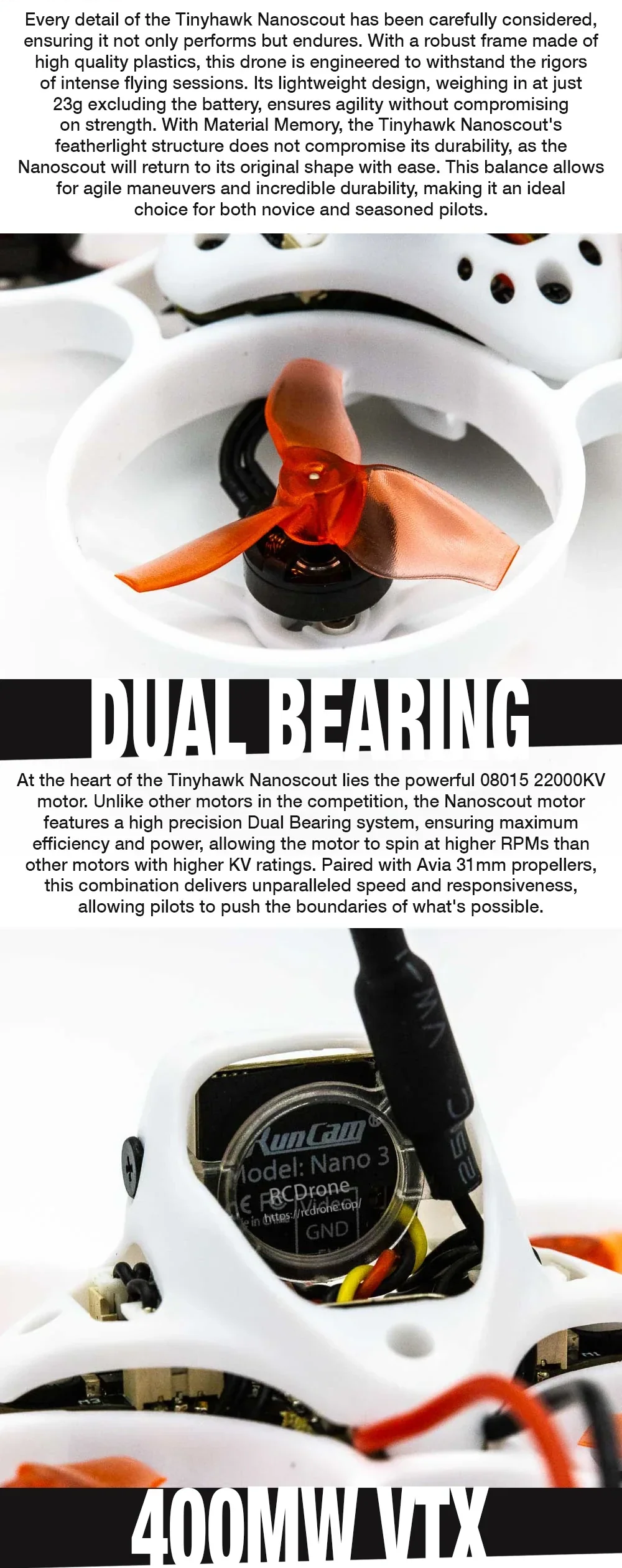 Close-up of Tinyhawk Nanoscout motor and canopy showing 31mm prop, dual-bearing 08015 motor, and RunCam Nano 3/VTX info