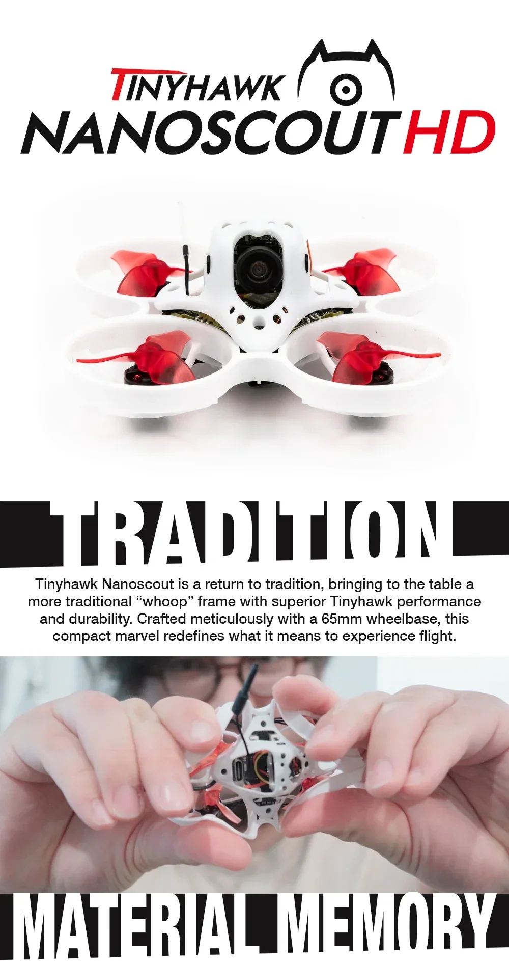 EMAX Tinyhawk Nanoscout HDZero BNF 65mm FPV whoop drone front view with durable “material memory” frame