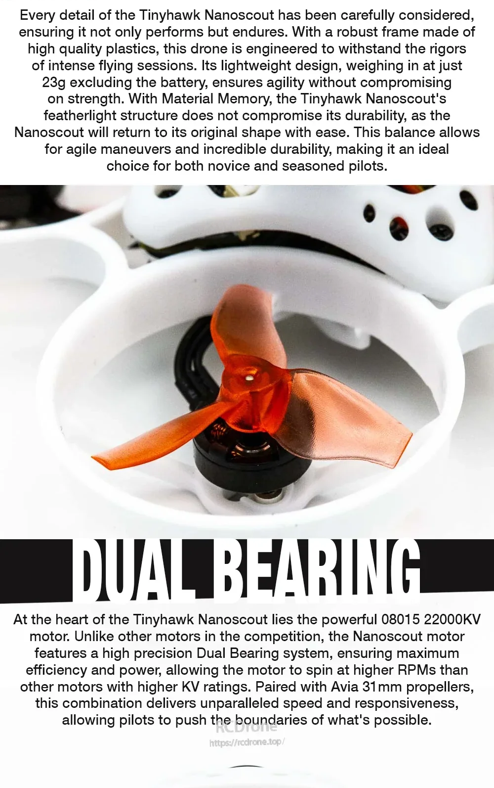 Close-up of 08015 22000KV motor and Avia 31mm propeller in Tinyhawk Nanoscout ducted frame