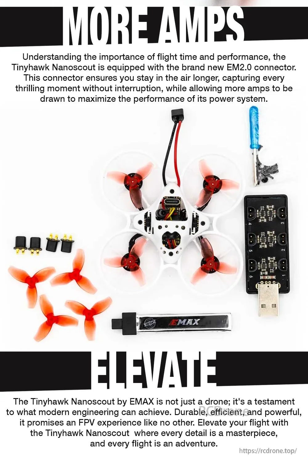 Tinyhawk Nanoscout kit contents with drone, spare props, USB charging board, screwdriver, battery, and small parts