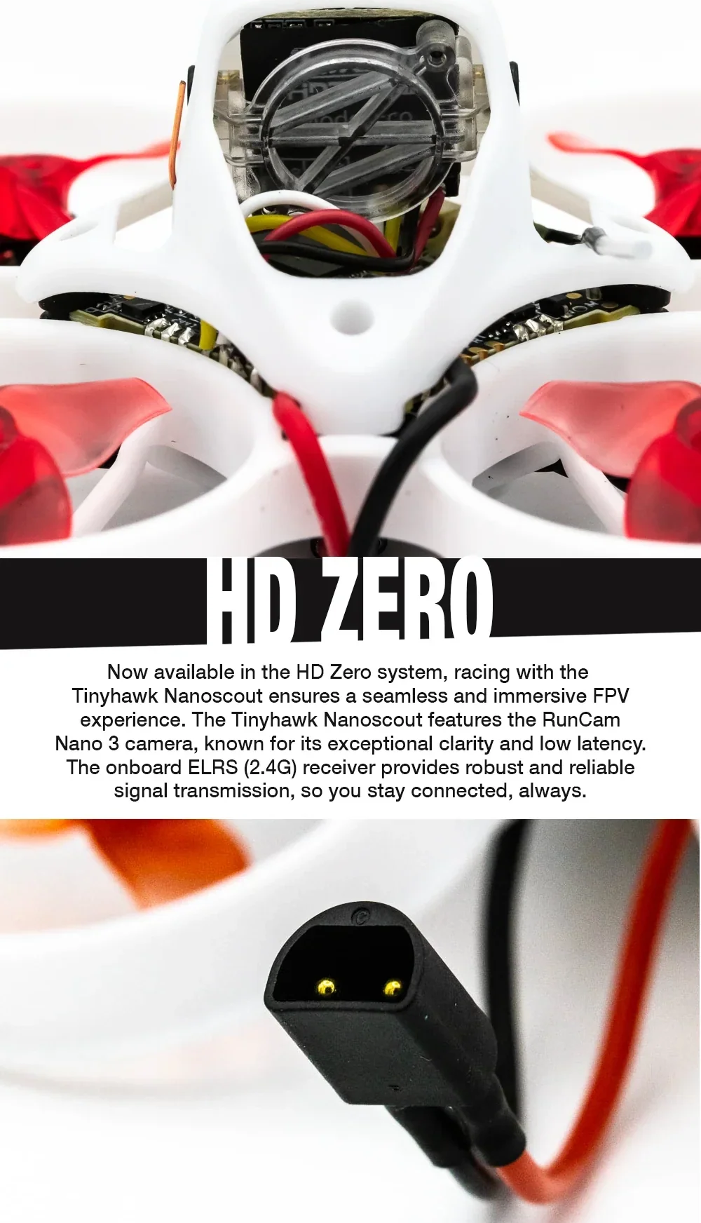 HDZero digital FPV layout on Tinyhawk Nanoscout with RunCam Nano 3 camera and onboard 2.4G ELRS receiver