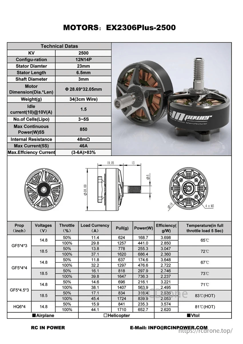 Ex2306 Brushless Motor, Ex2306Plus-2500 brushless motor: KV 2500, 23mm stator, 850W max power, 46A max current, over 83% efficiency at 3-6A, tested with multiple props.