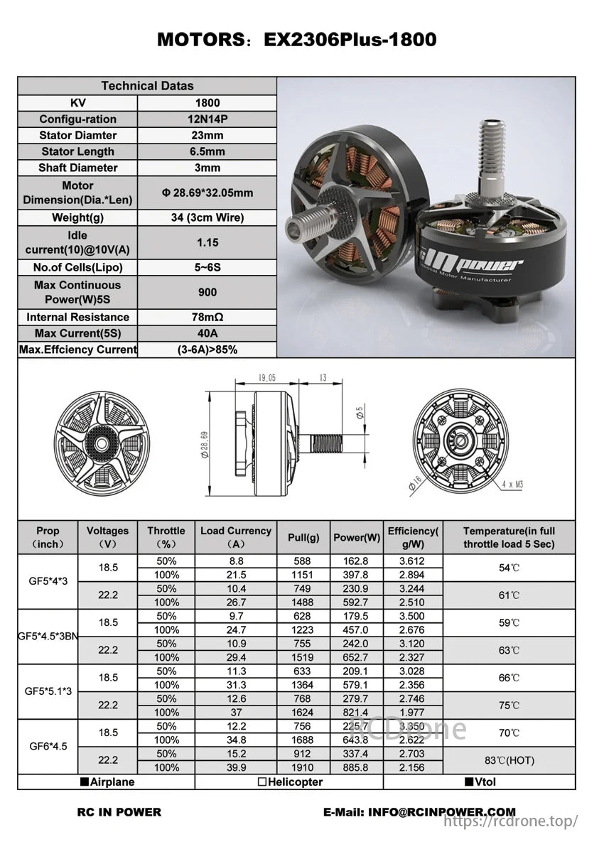 Ex2306 Brushless Motor, EX2306Plus-1800 motor: 1800KV, 12N14P, 23mm stator, 900W, 40A max, >85% efficiency (3-6A), tested with props at varied voltages/loads.