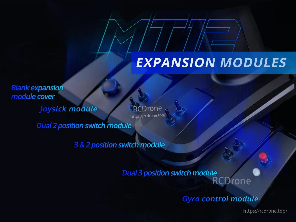RadioMaster MT12 surface radio expansion modules overview with blank cover, joystick, switches, and gyro control