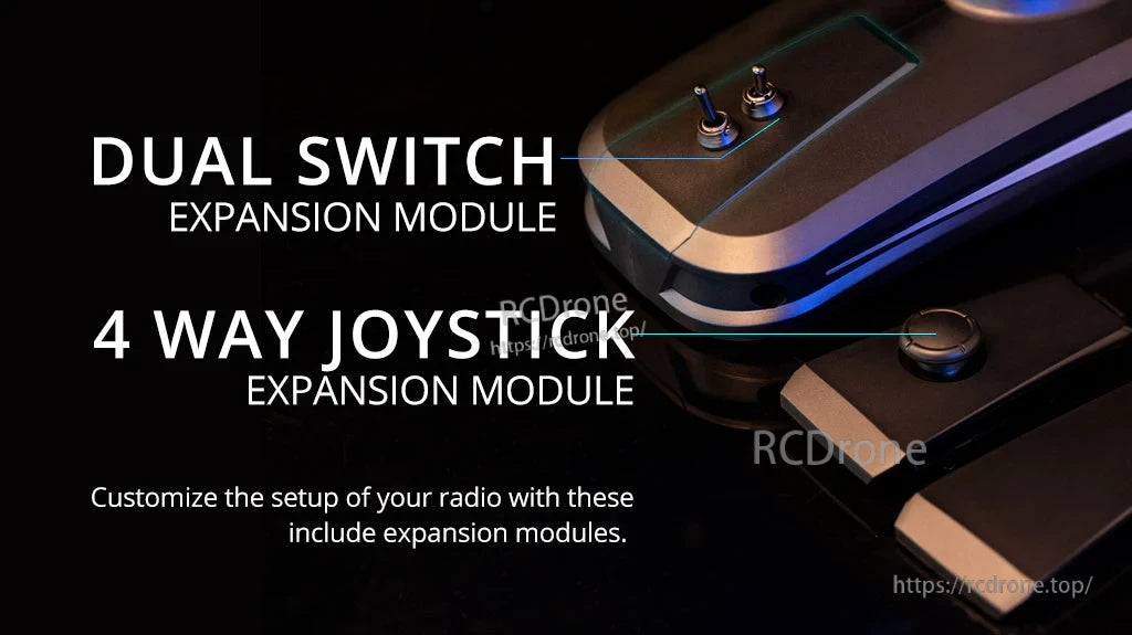 Close-up of MT12 expansion bay modules highlighting dual switch and 4-way joystick expansion options