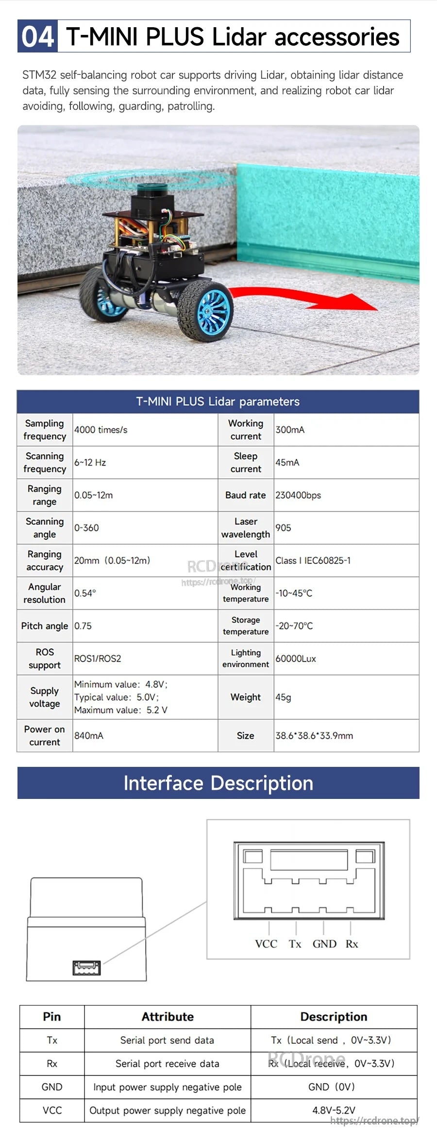 T-MINI PLUS lidar accessories with parameter table and interface pinout for distance sensing on robot car