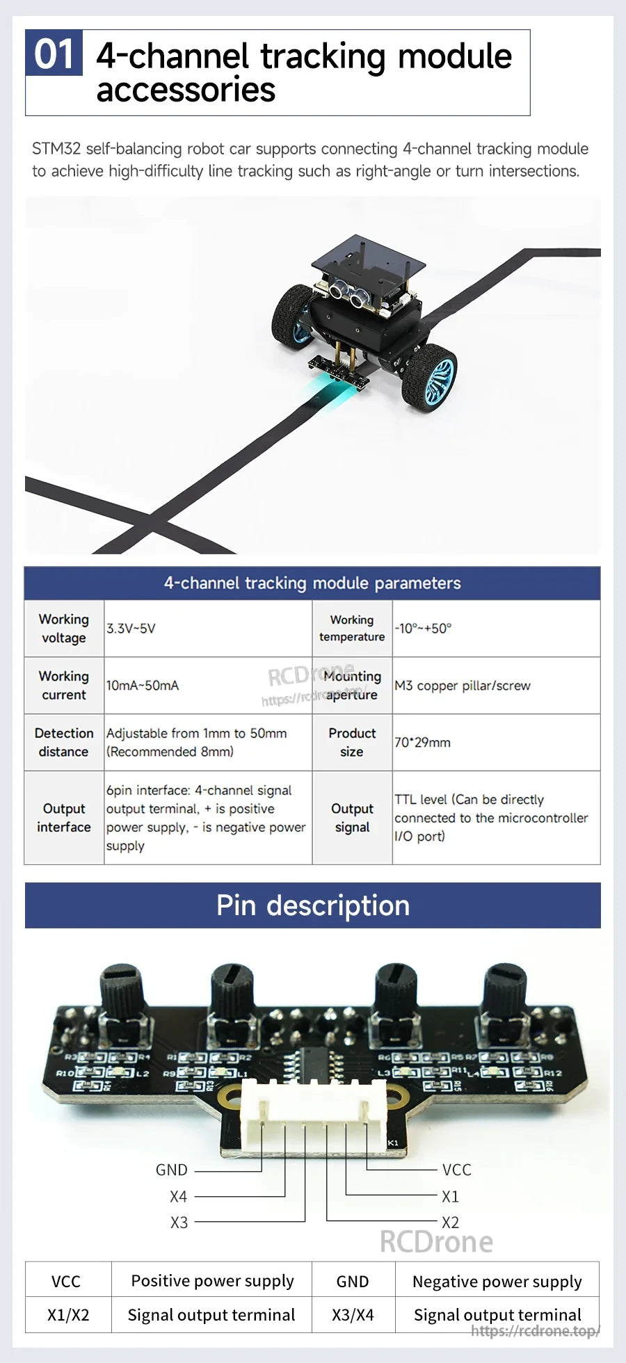 4-channel tracking module accessories with pin description and parameters for STM32 self-balancing robot car expansion