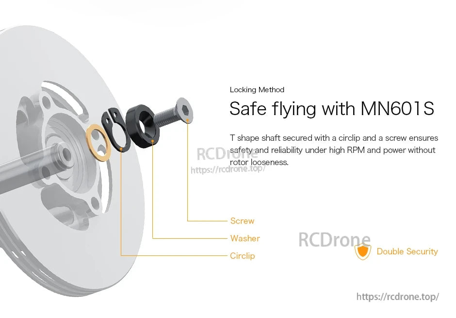 Exploded view of T-Motor MN601S shaft locking method with screw, washer, and circlip for secure rotor fit