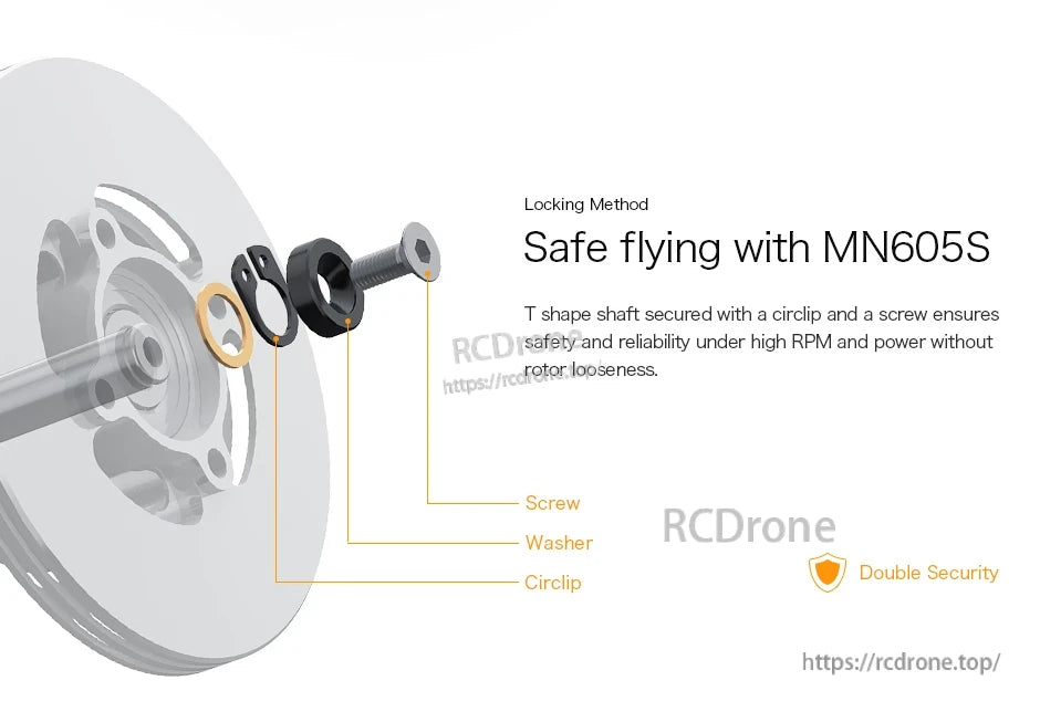 Exploded view of T-Motor MN605S shaft locking method with screw, washer and circlip for double security