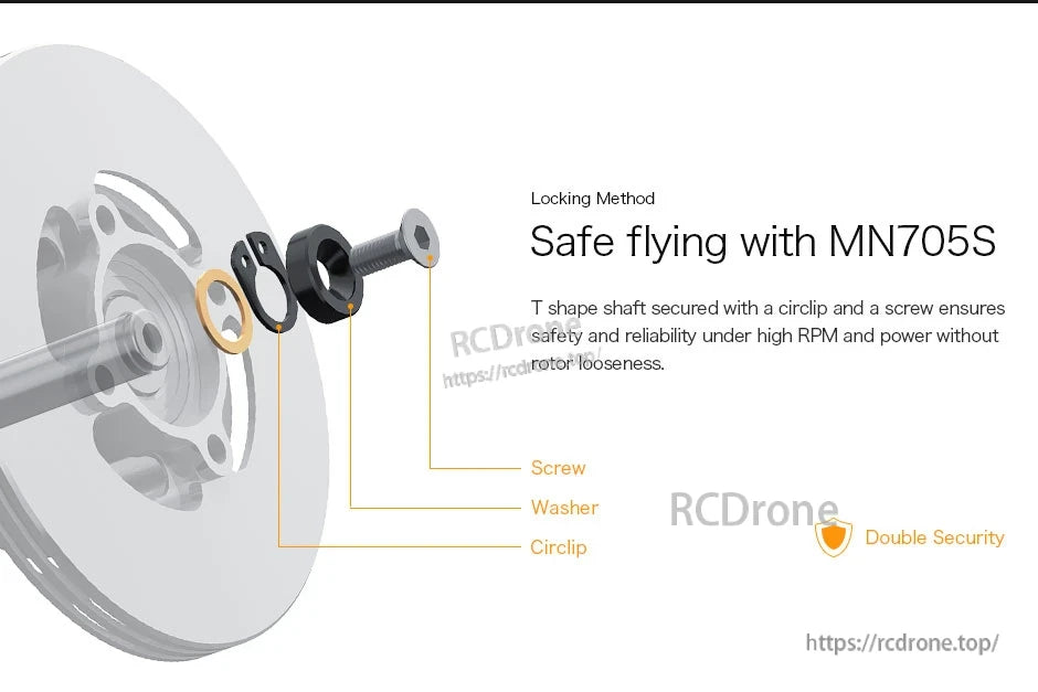 Exploded view of T-Motor MN705S shaft locking method with screw, washer, and circlip on the rotor hub