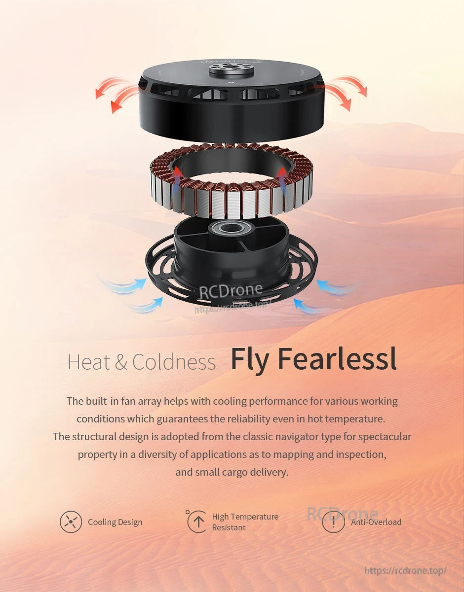 Exploded view of a T-Motor brushless drone motor showing built-in fan array and stator for airflow cooling