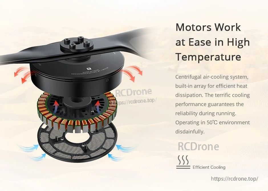 Exploded view of a T-Motor brushless drone motor with propeller and centrifugal air-cooling airflow channels
