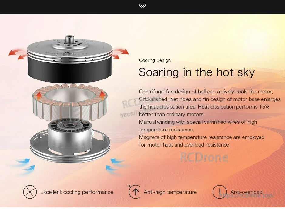 Exploded view of a T-Motor brushless motor showing bell cap fan, inlet holes, and finned base cooling design