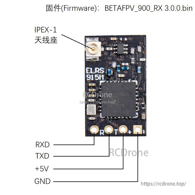 ELRS 900RX wiring pinout with IPEX-1 connector and RXD, TXD, +5V, GND UART pads labeled