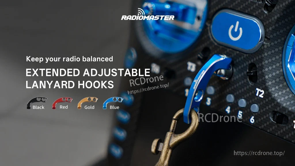 RadioMaster extended adjustable lanyard hook CNC aluminum installed on TX16S MK3 transmitter, blue finish
