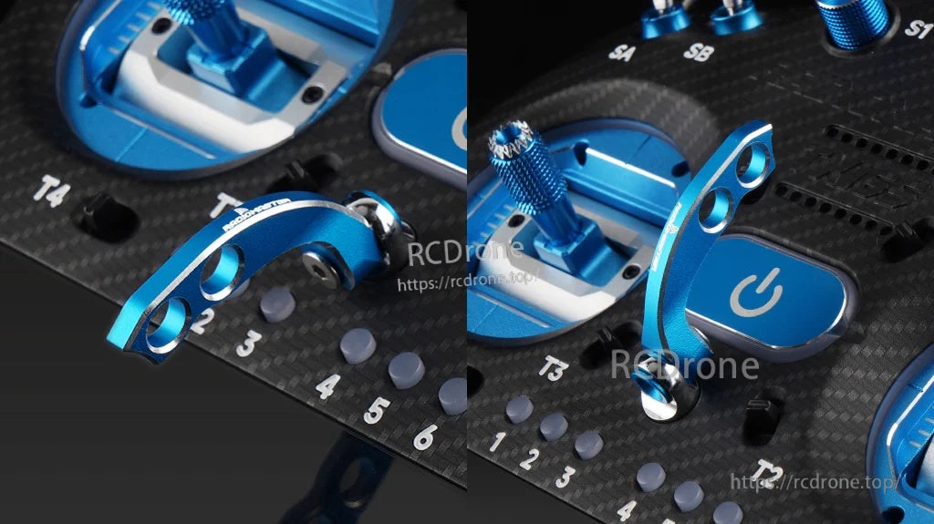 Close-up of CNC aluminum lanyard hook with two mounting positions for balance adjustment on RadioMaster transmitter