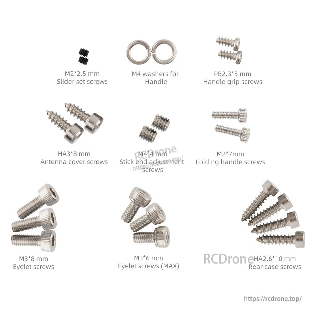 TX16S & TX16S MKII External/Internal Screw set — external kit with labeled sizes for case, handle, antenna, and eyelets