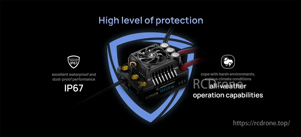 EzRun Max 8 ESC features IP67 waterproof and dust-proof design for reliable all-weather operation.