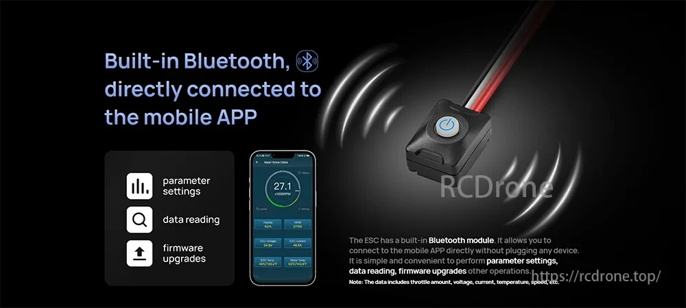 EzRun Max 8 ESC features Bluetooth for easy app connection, enabling parameter settings, data reading, firmware upgrades, and real-time stats monitoring like RPM and battery levels, enhancing control and functionality.