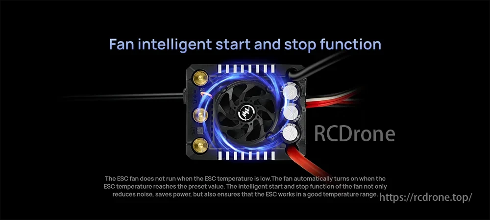 EzRun Max 8 ESC features intelligent fan control, activating at preset temperatures for minimal noise and power savings, ensuring optimal performance.