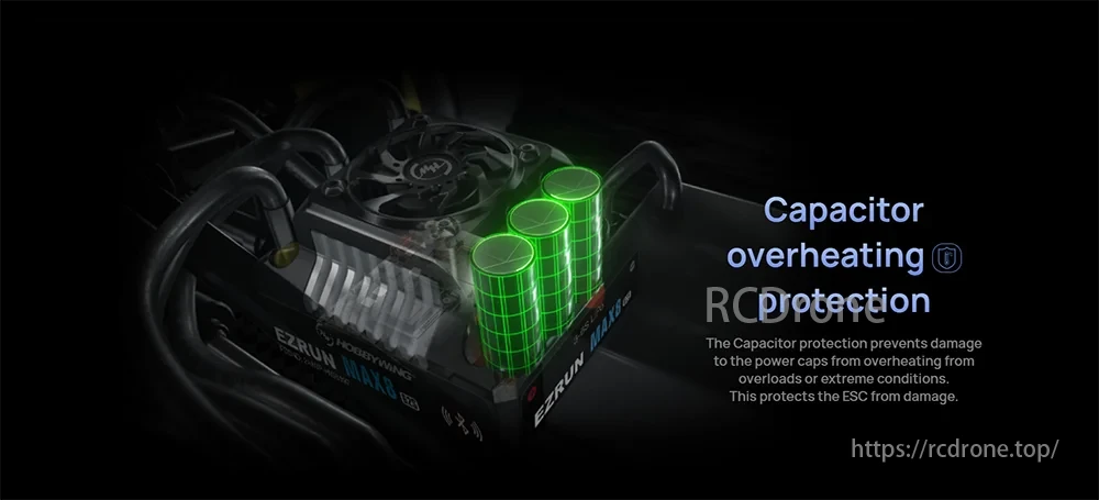 EzRun Max 8 ESC features capacitor overheating protection, safeguarding power caps from damage due to overloads or extreme conditions.
