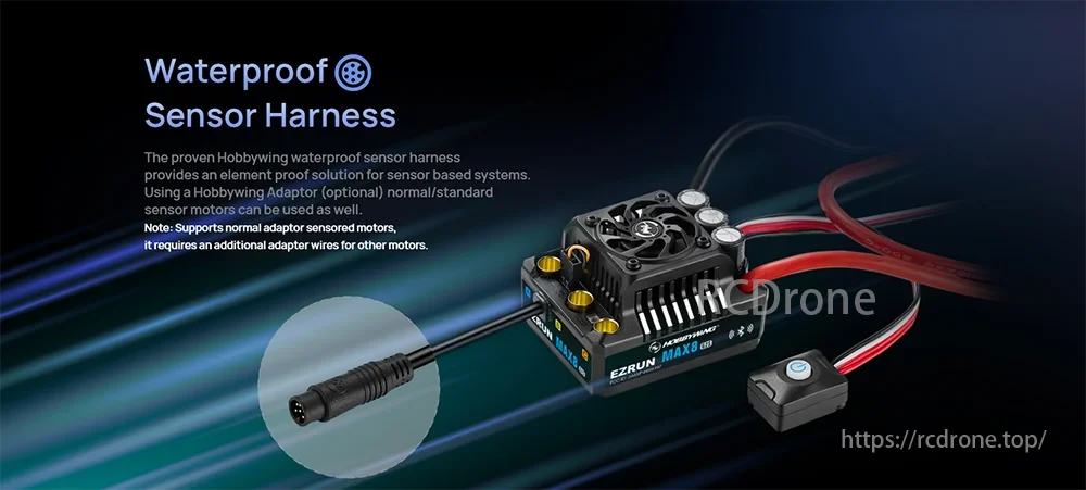 Hobbywing's Waterproof Sensor Harness offers a protective solution for sensor-based systems, featuring EzRun Max 8 ESC and support for various motor adaptors.
